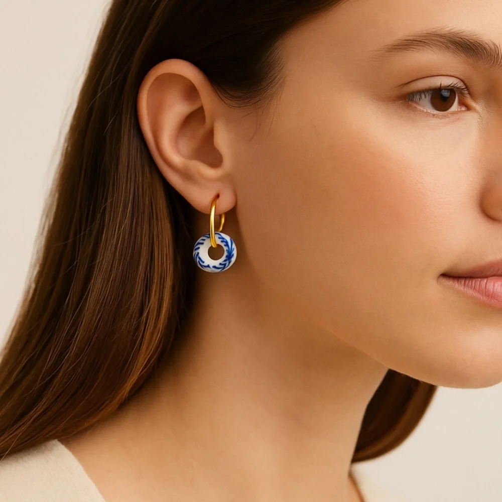 Blue White Porcelain Hoop Earrings Gold Small Hoops with Floral Ceramic Donut - Picture 1 of 5